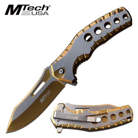 Mtech Five Hole Pocket Knife Gold Satin Spring Assisted Knif