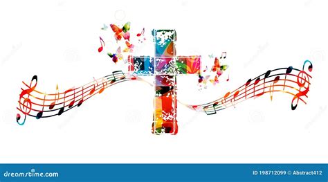 Colorful Christian Cross With Music Notes Isolated Vector Illustration