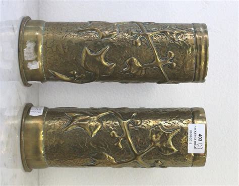 Brass Trench Art Vases With Leafy Embossing Pair Trench Art