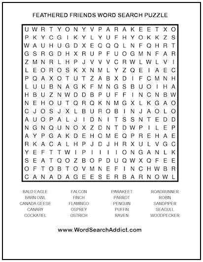 Feathered Friends Printable Word Search Puzzle Word