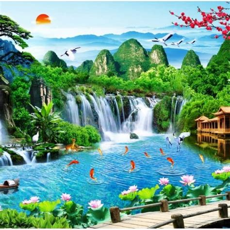 Ilustrasi pemandangan air selain bagian dalam rumah, halaman dan dinding luar rumah juga sering di desain sedemikian rupa. Jual Wallpaper dinding 3D Pemandangan Air Terjun. - Kota ...