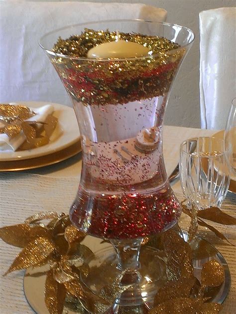 Glitter Centerpiece With Submersible Red Lights And Floating Candle
