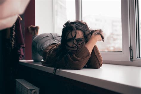 Wallpaper Women Brunette Window Sill Bottom Up Lying On Front Hair In Face Jeans Dark