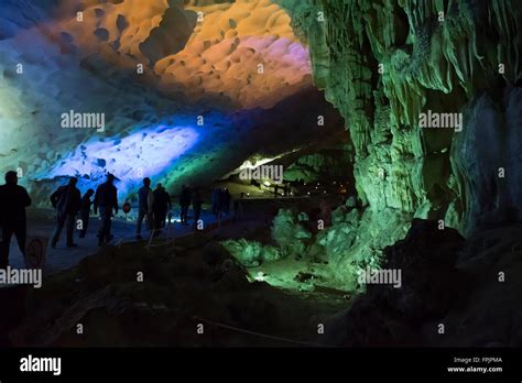 Halong Bay Vietnam View Inside The Hang Sung Sot Cave With Tourist