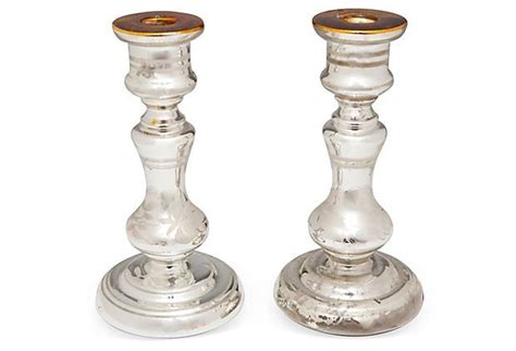 Silver Mercury Glass Candlesticks Pair On Mercury