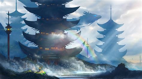 Download Sunbeam Rainbow Building Oriental Dragon Fantasy Castle 4k