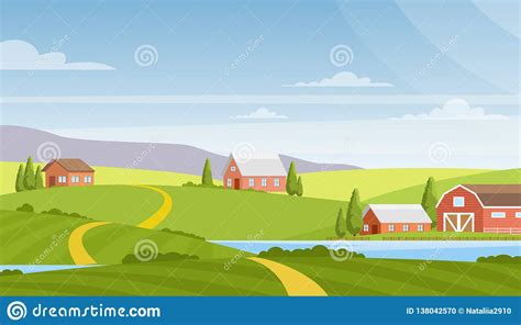Vector Illustration Of Beautiful Rural Landscape Farm And Fields