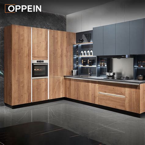 Oppein Italy Luxury Brown And Black High Gloss Wall Kitchen Cabinet Set