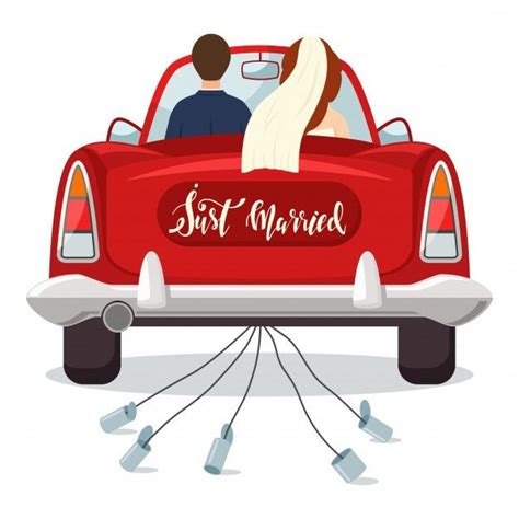 Just Married Red Car With The Bride And Groom Wedding Illustration With A Newlywed Couple