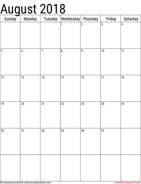 August 2018 Vertical Calendar With Holidays Handy Calendars