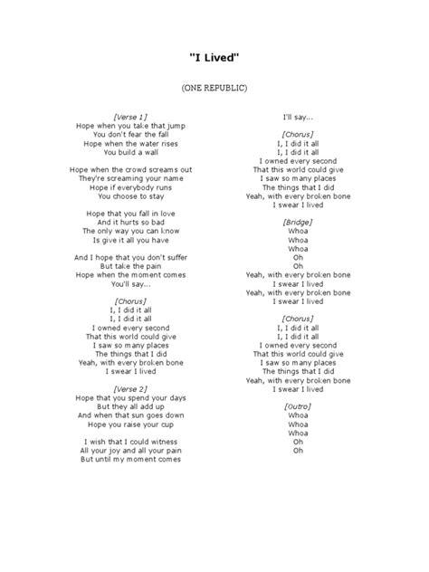 One Republic I Lived Song Structure Songs