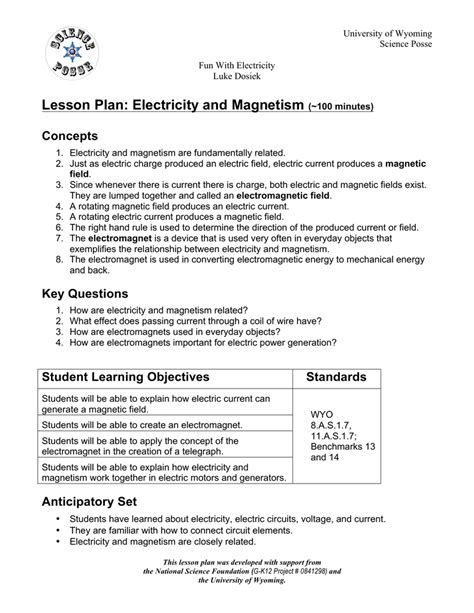 Lesson Plan Electricity And Magnetism