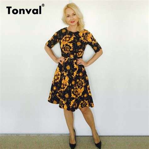 Tonval Half Sleeve Vintage Tunic Dress Women Gorgeous
