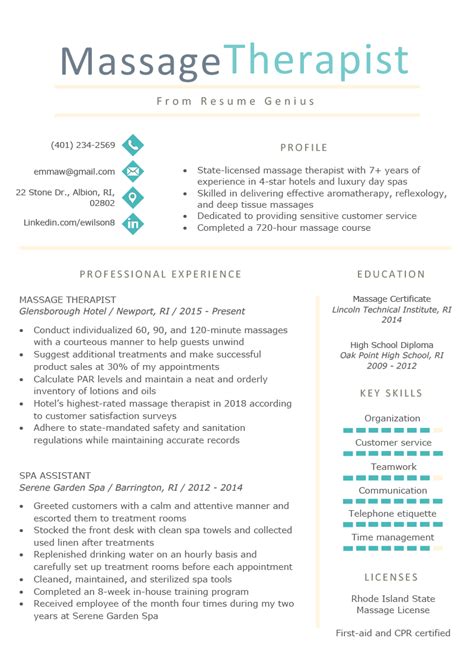 Massage Therapist Resume Sample And Writing Tips Resume Genius Resume