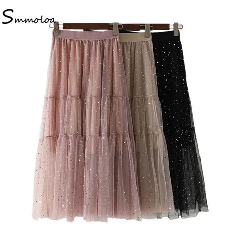 Smmoloa Tulle Skirts Women Star Sequined Tulle Skirt Elastic High Waist