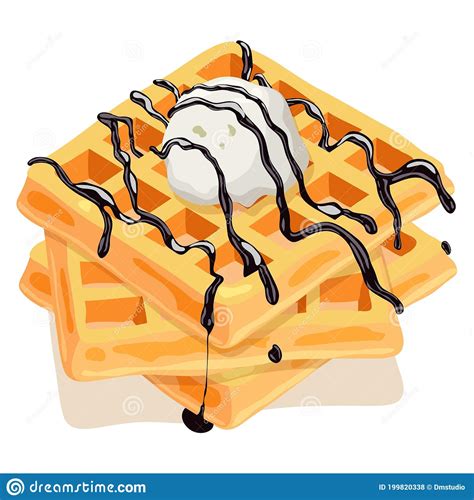 Vector Belgian Waffles With Chocolate Syrup And Ice Cream Stock Vector