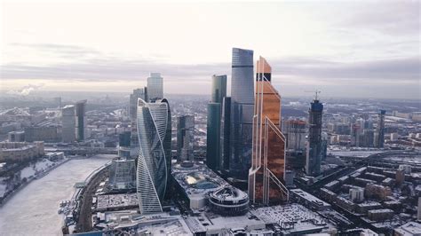 Moscow City Futuristic Skyscrapers In Winter City Aerial View Stock