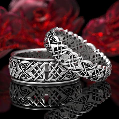 Celtic Knot Moissanite Wedding Ring Set Matching Celtic Heart Knot