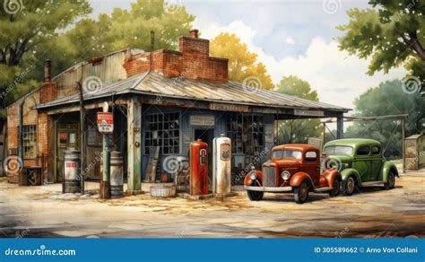 Nostalgic Fill-Up: Charming 1920s Gas Station Painting with Vintage