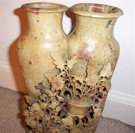 Vintage Early 1900s Chinese Soapstone Etched Double Vase Bird Floral