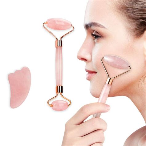 Juslike Jade Roller For Face And Gua Sha Tool Set Pink Rose Quartz Roller Face Massager For