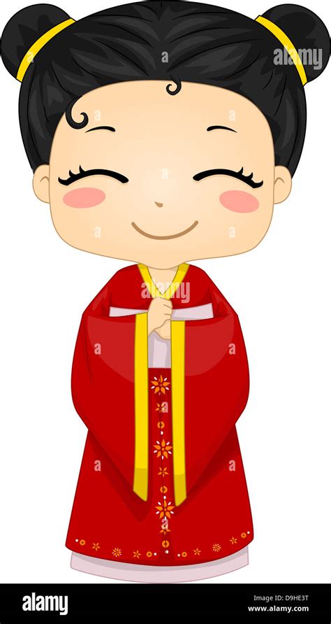 Illustration Of Cute Little Chinese Girl Wearing Traditonal Costume