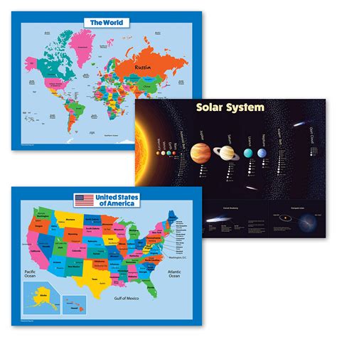 3 Pack Usa And World Map For Kids Solar System Poster Set Laminated
