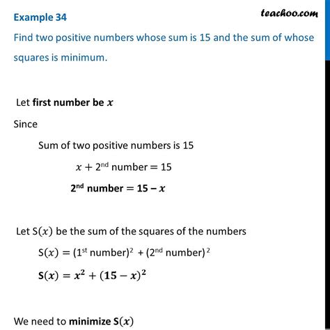 Example 34 Find Two Numbers Whose Sum Is 15 Sum Of Squares