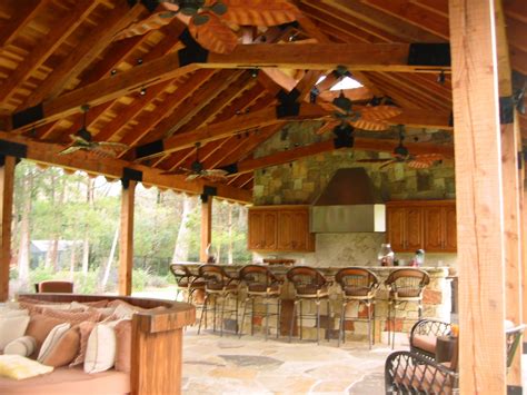 Incorporating interior kitchen ideas to your outdoor setting is a great way to add versatility, value if you want a plumbed gas line for your gas grill, you'll need to hire a licensed professional and most weather can be a big issue when it comes to outdoor entertainment. Texas Regional Design | Timber cabin, Outdoor fireplace, Timber ceiling