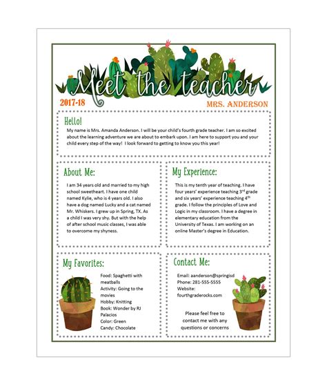 The Meet The Teacher Cactus Themed Newsletter Template Doc Is