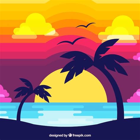 Tropical Sunset Flat Design Vector Free Download