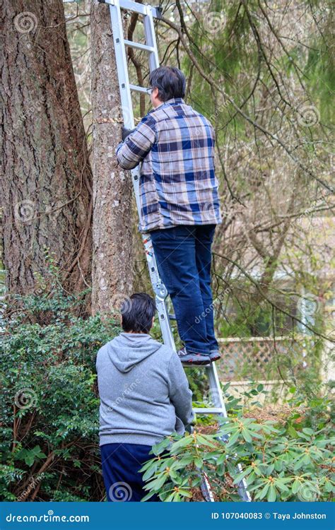 Two Men Hold Ladder And Climb For Job Stock Image Image Of Proud