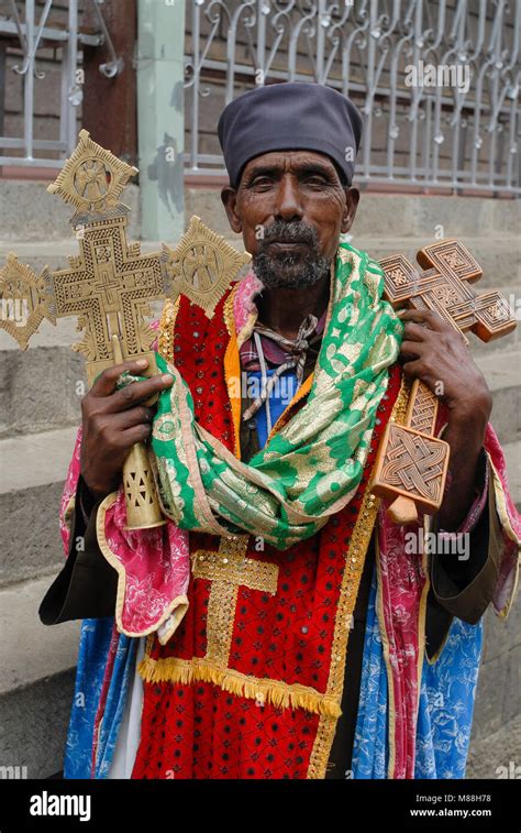Ethiopia Addis Ababa Orthodox Priest With Metal And Wooden Cross