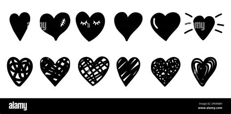 Doodle Sketch Hearts Black Hearts Icons Set Vector Love Symbols