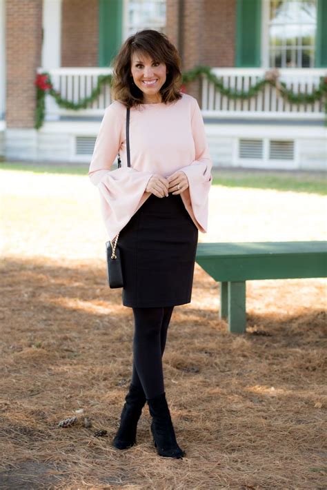 25 days of winter fashion pink bell sleeve blouse black skirt cyndi spivey simple winter