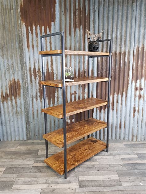 Floor Mounted Shelving Unit With Reclaimed Wooden Shelves Industrial