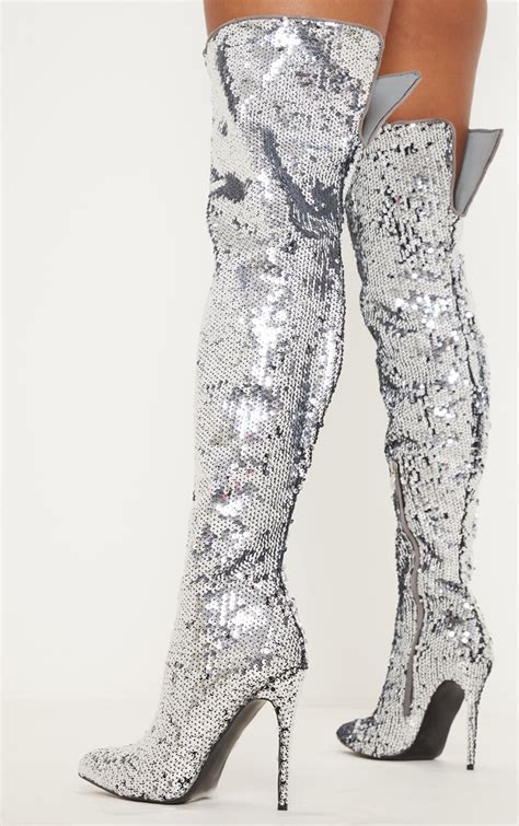 Silver Sequin Otk Boots Shoes Prettylittlething Ca
