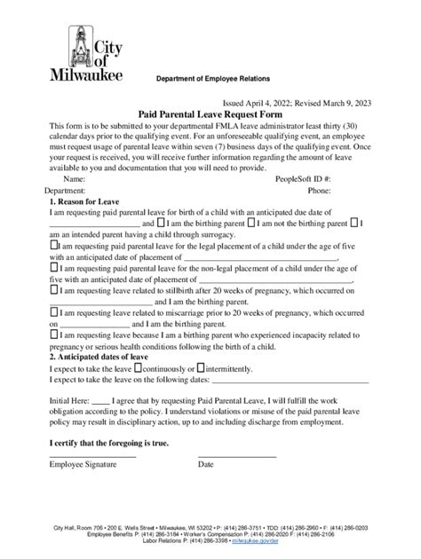 Fillable Online City Milwaukee Paid Parental Leave Request Form City