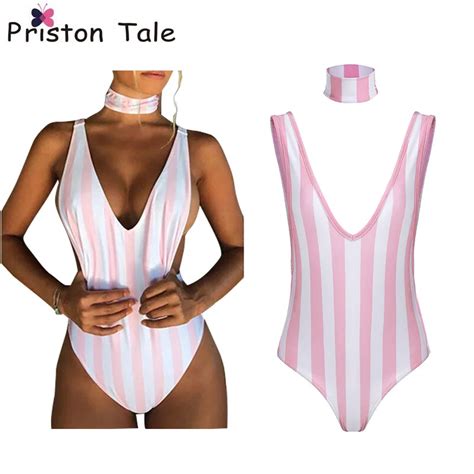2017 women one piece swimsuit swimwear sweet pink white striped swim wear biquini women summer
