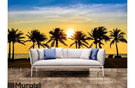 Fantastic Tropical Beach With Palms At Sunset Wall Mural