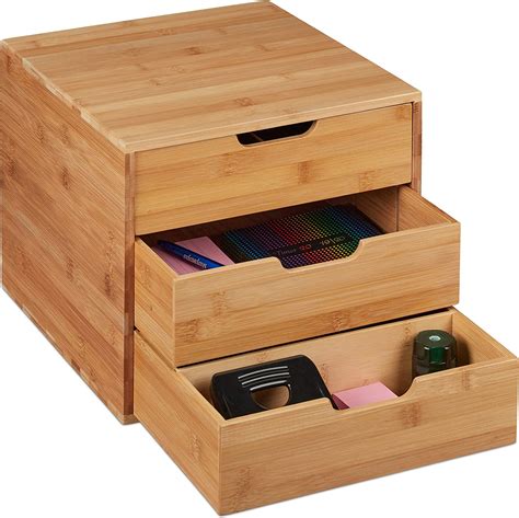 Relaxdays Desk Organiser 3 Office Supplies Bamboo Tray Drawer Box