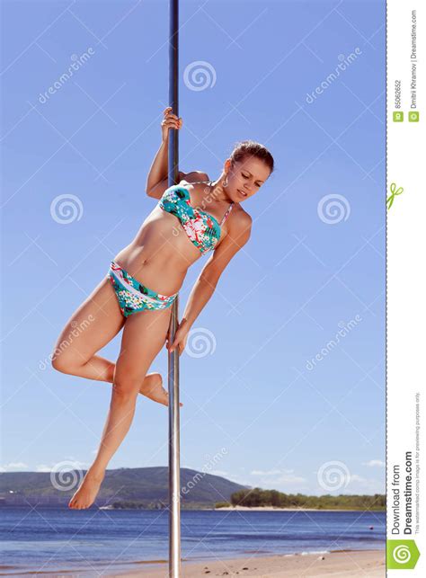 Dancer In Bathing Suit On Pole Stock Photo Image Of Dancer Glamour