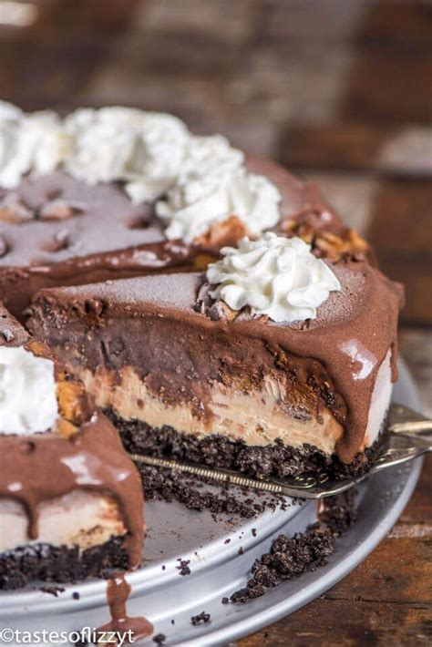 frozen chocolate peanut butter pie is an easy no bake dessert with three layers cookie crust