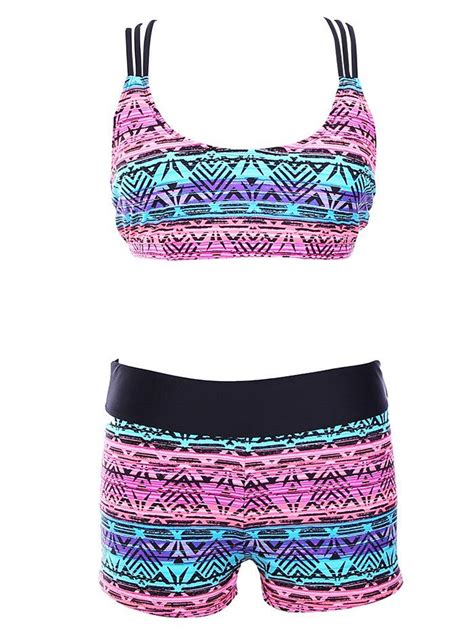 2018 Tribal Print Criss Cross Wire Free Three Piece Swimsuit Pink M In