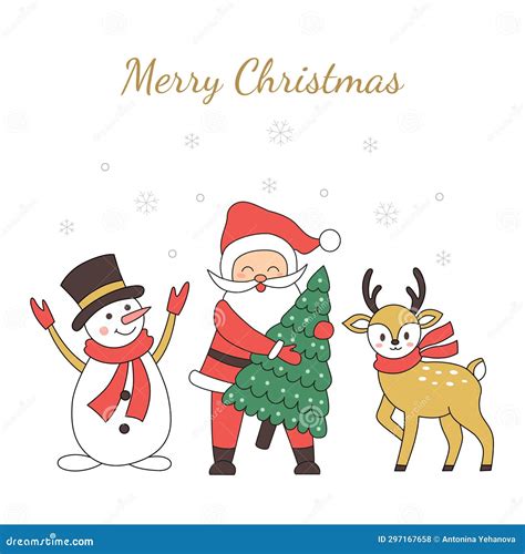 Christmas Card Santa Claus Reindeer And Snowman Vector Illustration