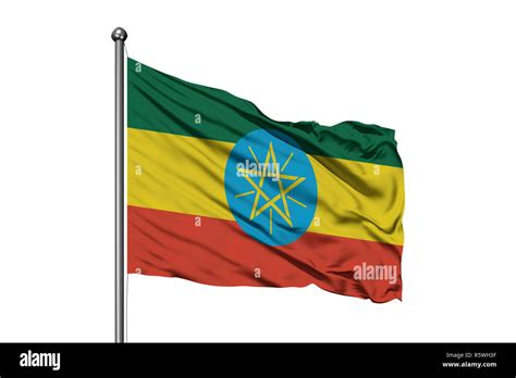 Flag Of Ethiopia Waving In The Wind Isolated White Background