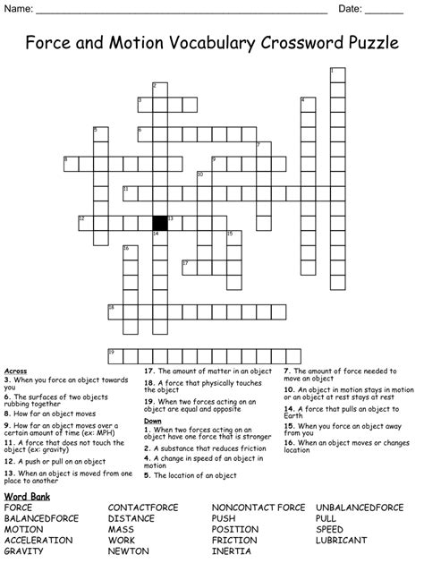 Force And Motion Vocabulary Crossword Puzzle Wordmint