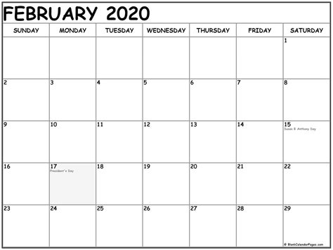February Holidays 2020 Calendar With Festival Dates Printable