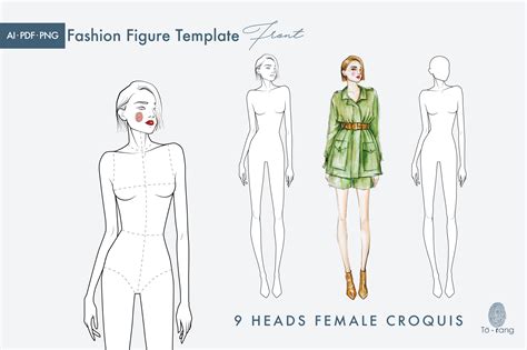 9 Heads Fashion Croquis Relaxed Pose Design Cuts
