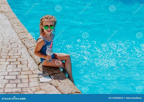 Girl In Blue Bikini And Sun Glasses Sitting Near The Pool With Cocktail Stock Image Image Of